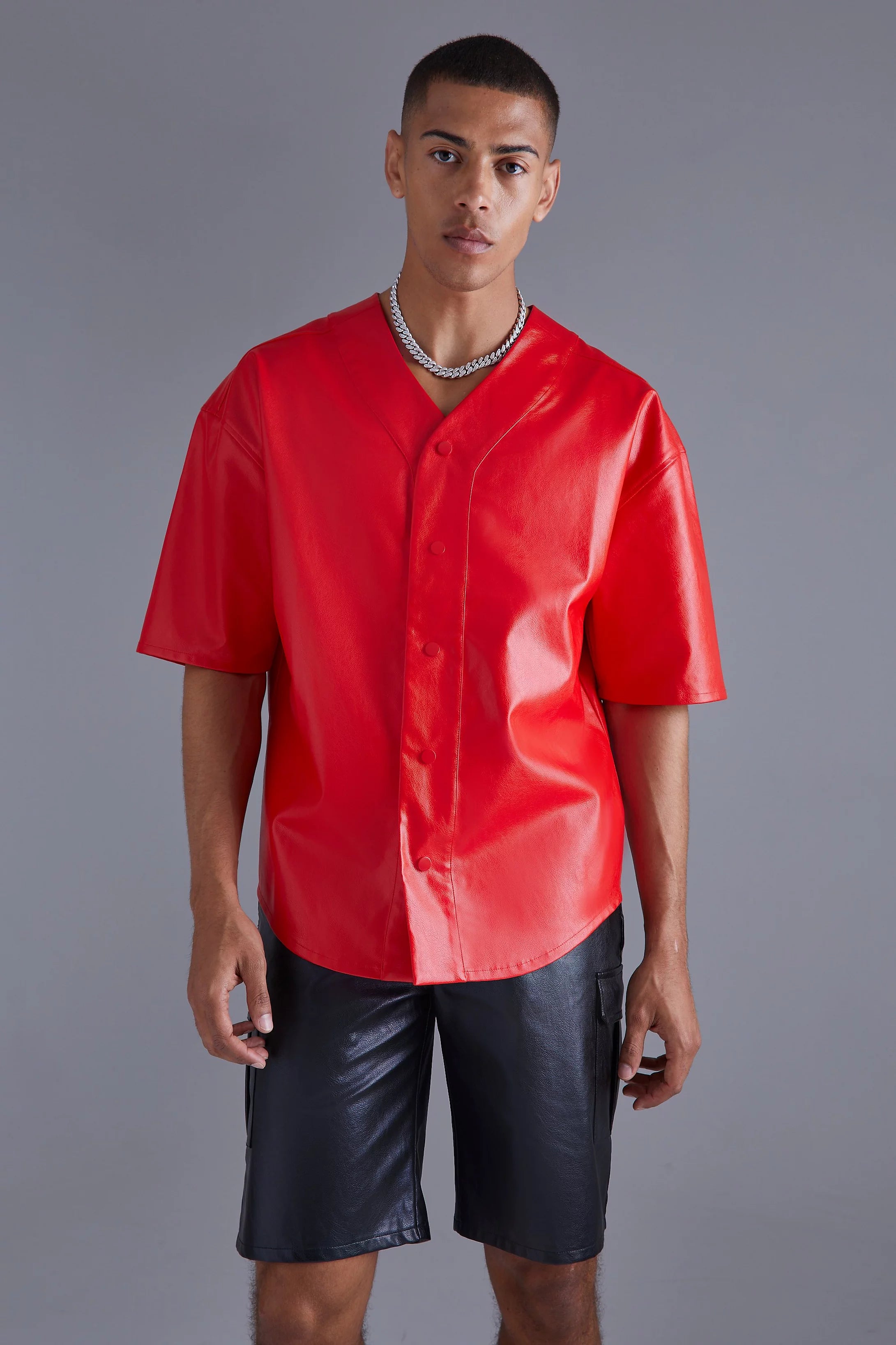 PU Oversize Baseball Shirt Red