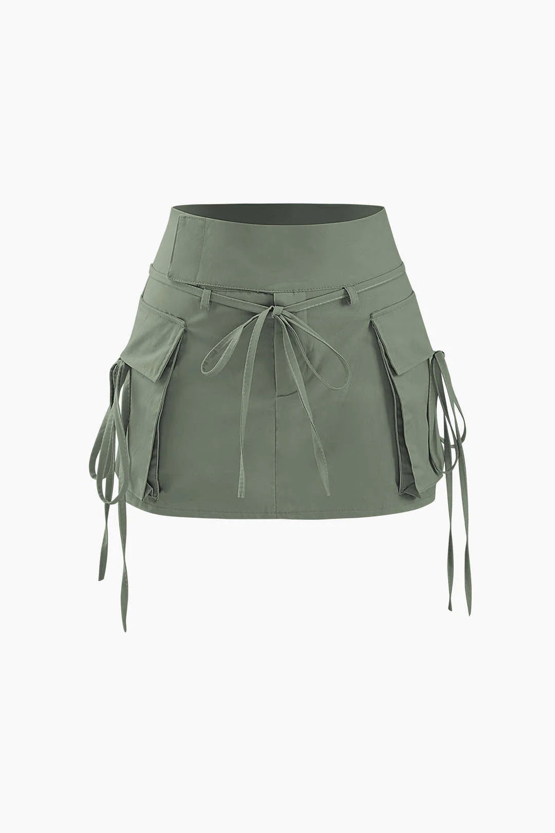 Military Green Low Rise Tie Cargo Mini Skirt