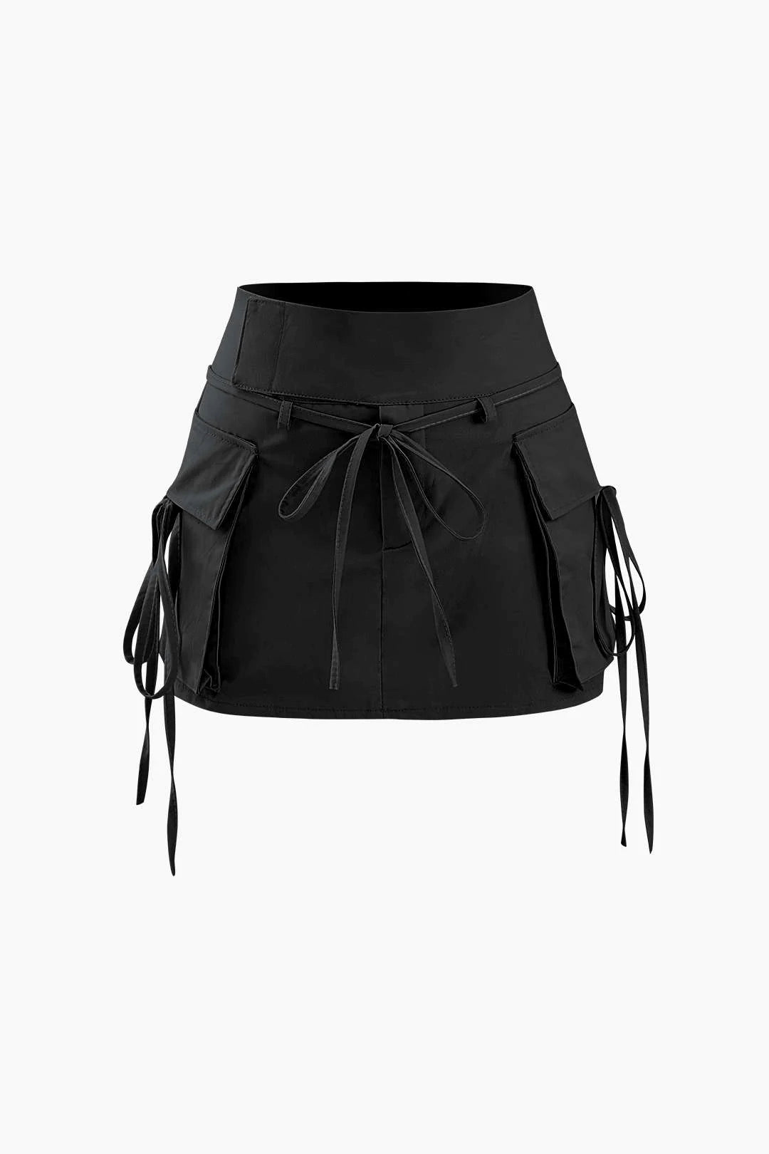 Black Low Rise Tie Cargo Mini Skirt